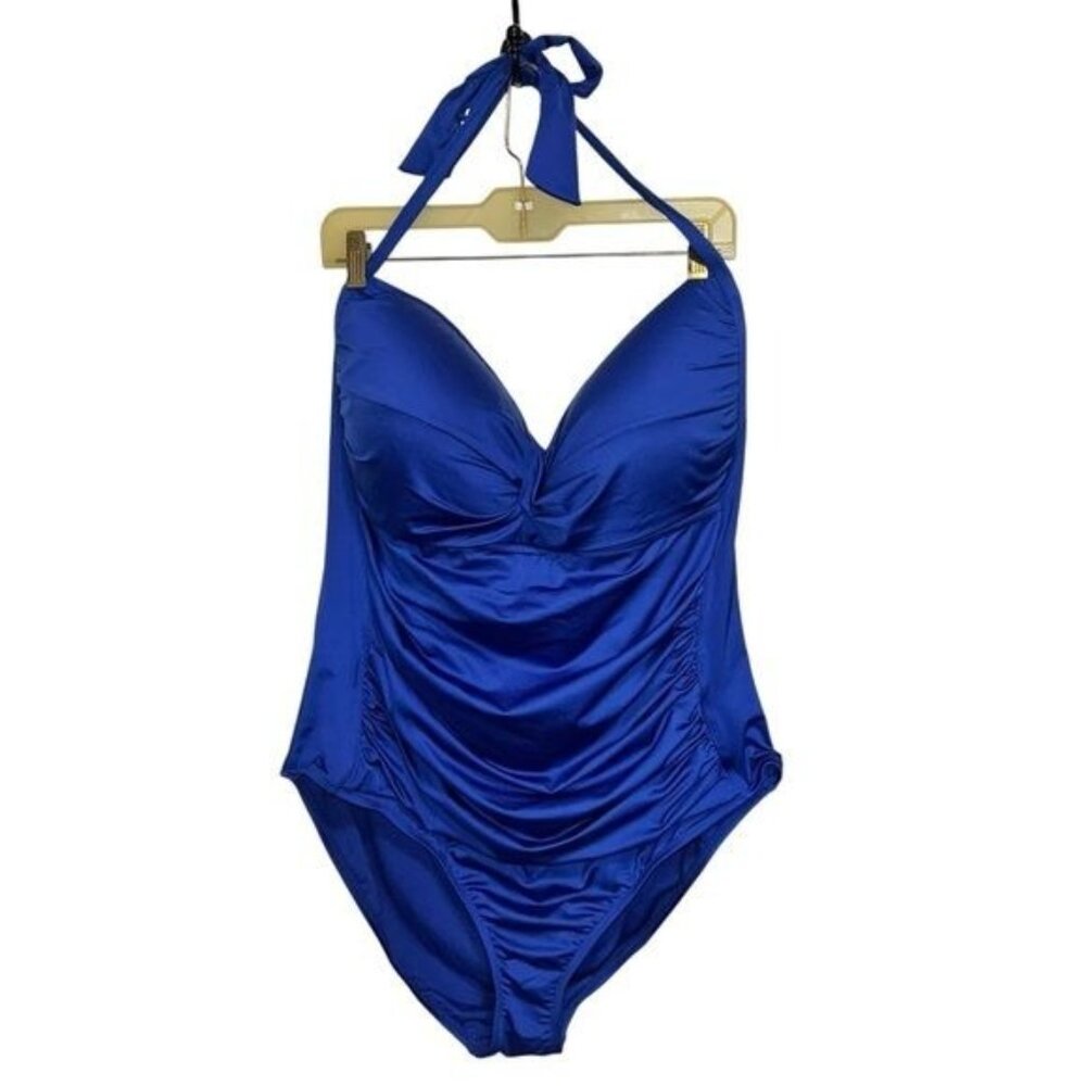 Liz Claiborne Womens Halter One-Piece Swimsuit Size 24W Royal Blue Nylon Blend